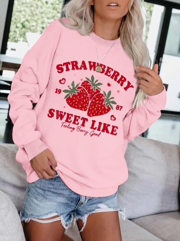 Women's Casual Strawberry Print Pullover Sweater, Soft Long Sleeve Round Neck Sweatshirt, Comfortable Daily Wear...