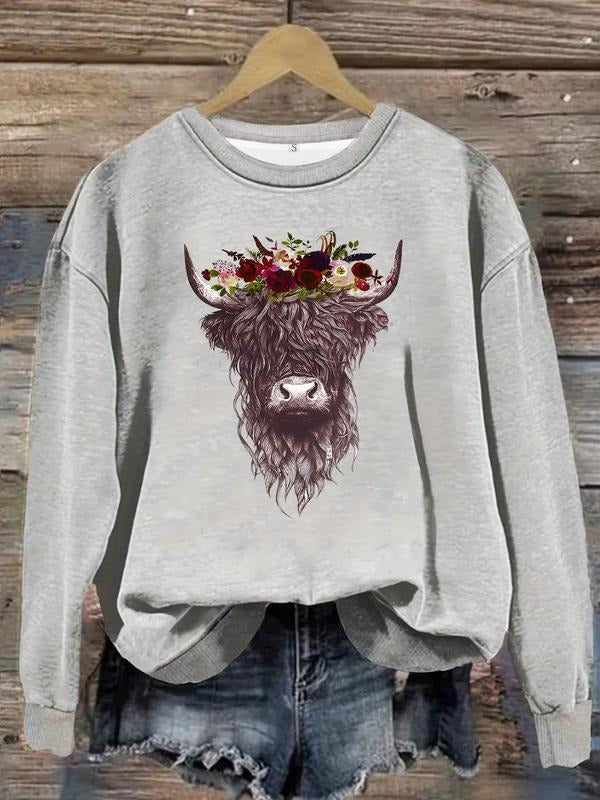 Women's Casual Style Highland Rose Pattern Pullover Sweater, Soft Long Sleeve Round Neck Sweatshirt, All-Season...