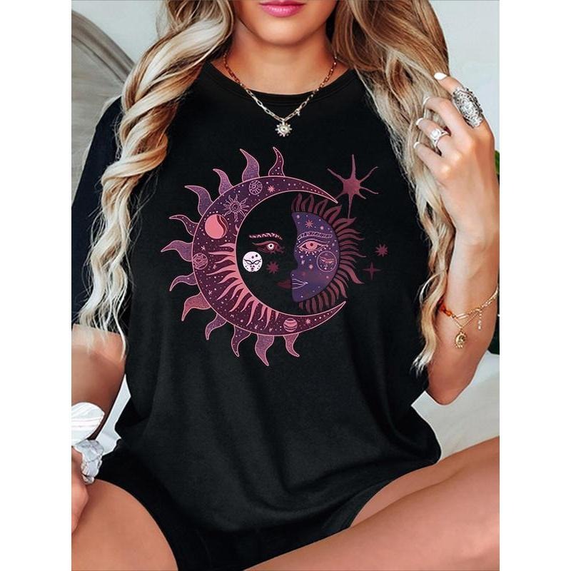 Women's Casual Sun & Moon Graphic Tee Crew Neck Short Sleeve Machine Washable Perfect for Spring & Summer Cotton Shirt...