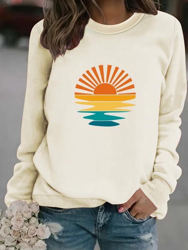 Women's Casual Sunrise Print Pullover Sweater, Soft Long Sleeve Round Neck Sweatshirt, Comfortable Daily Wear T-Shirts,...