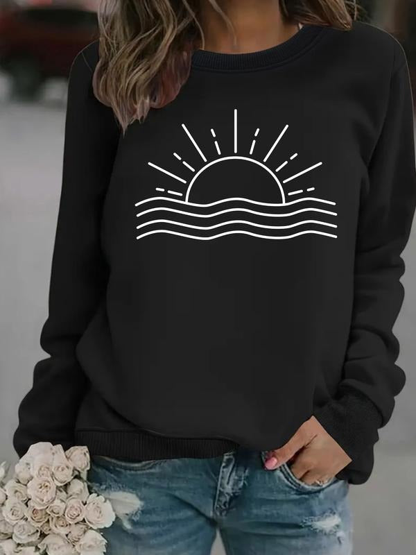 Women's Casual Sunset Print Pullover Sweater, Soft Long Sleeve Round Neck Sweatshirt, All-Season Comfortable Daily Wear...