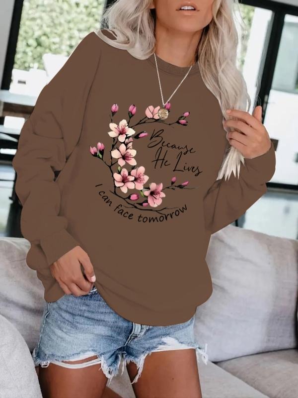 Women's Casual Sweatshirt with Cherry Blossom Print, Round Neck, Knit Fabric, All-Season Comfort Fashion T-Shirts, Hoodie