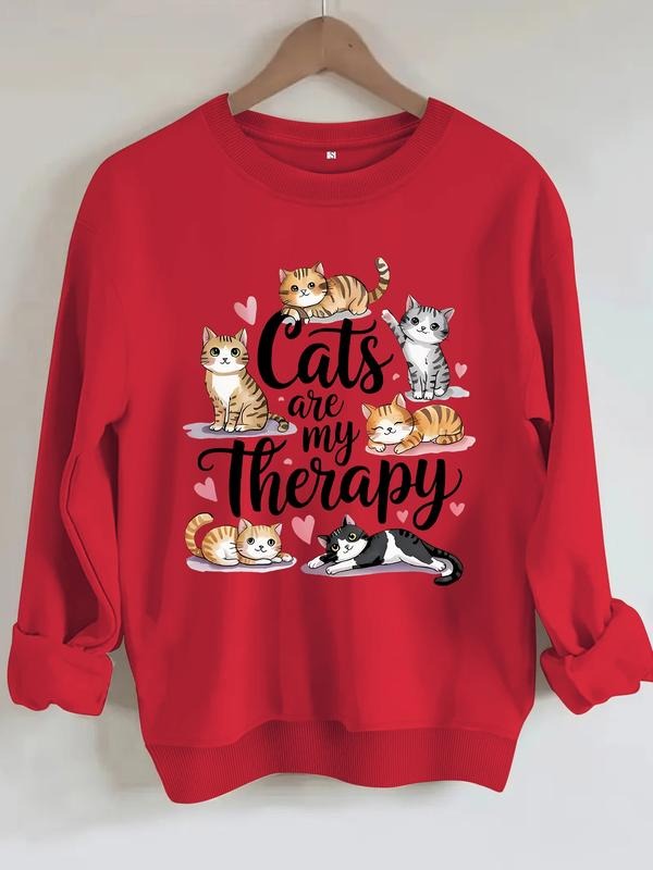 Women's Casual Sweatshirt with Cute Cat Print, Round Neck, All-Season Knit Fabric, Comfortable Daily Wear T-Shirts, Hoodie