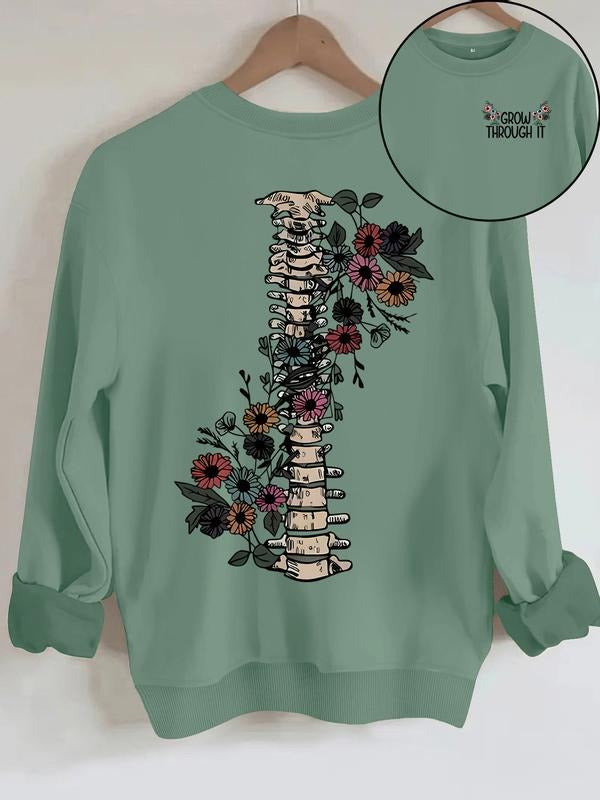 Women's Casual Sweatshirt with Grow Through It Bone Flower Print, Round Neck, All-Season Knit Fabric, Comfortable Daily...