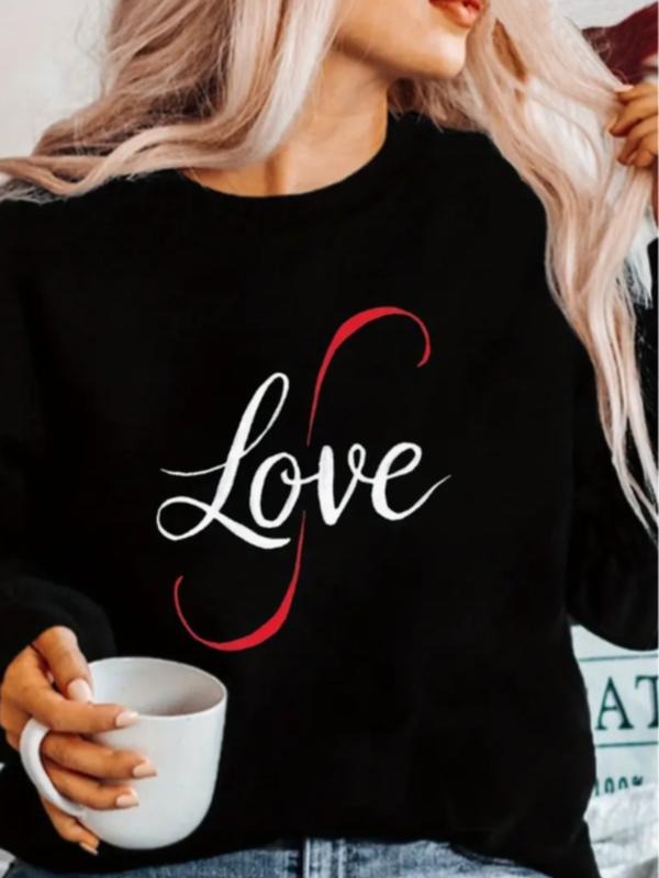 Women's Casual Sweatshirt with Love Letter Print, Round Neck, Knit Fabric, All Seasons Comfort Fashion T-Shirts, Hoodie