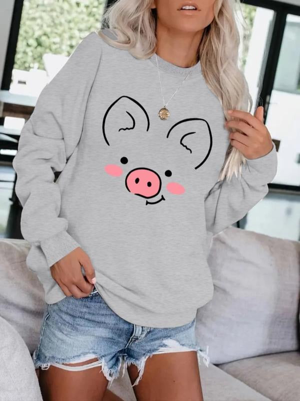 Women's Casual Sweatshirt with Pig Print, Round Neck, All-Season Knit Fabric, Comfortable Daily Wear T-Shirts, Hoodie