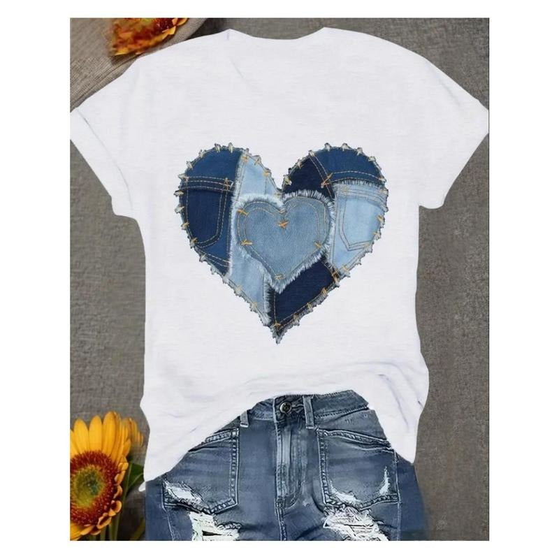 Women's Casual T-Shirt - Heart Denim Print Design, 100%, Short Sleeves, Crew Neck, Machine Washable