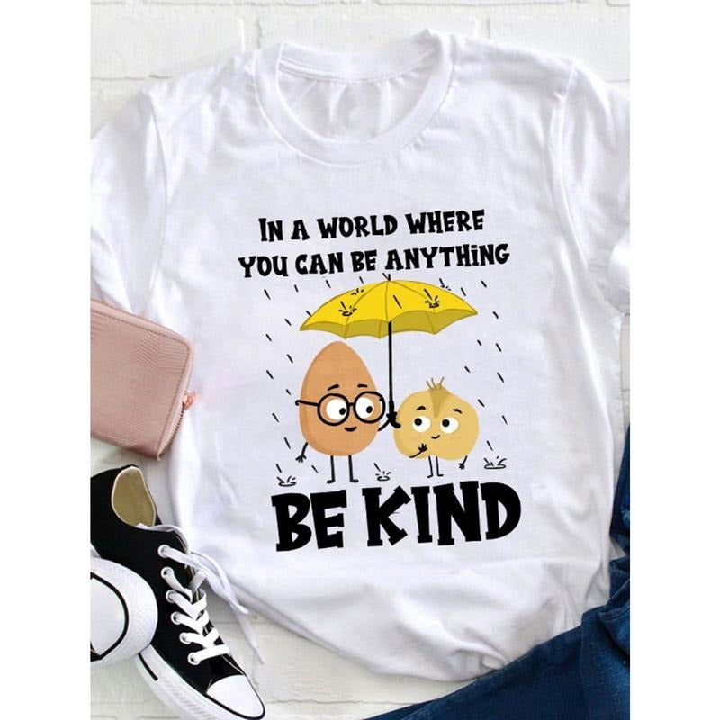 Women's Casual T-Shirt | Round Neck, Short Sleeve | 'Be Kind' Graphic with Cartoon Characters & Umbrella Design |...