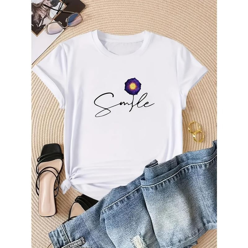 Women's Casual T-Shirt with "Smile" Floral Print, Round Neck, Short Sleeve, Breathable & Lightweight for Summer Wear,...