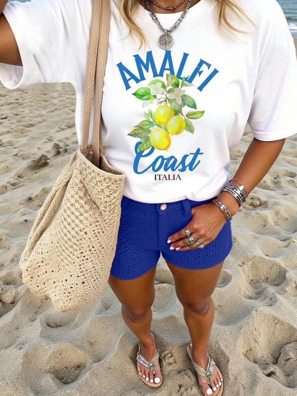 Women's Casual T-Shirt with Fresh Lemon Print, Loose-Fitting Summer Tee for Daily Wear, Outdoor Fashion with Soft and...
