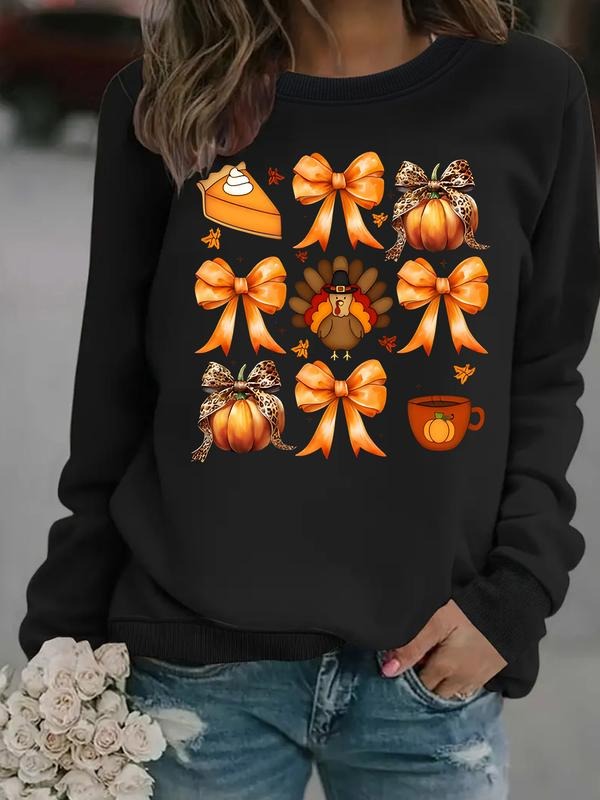Women's Casual Thanksgiving Bowknot Shirt Pullover, Soft Long Sleeve Round Neck Sweatshirt, Comfortable Daily Wear Hoodie