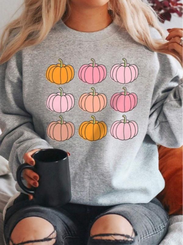 Women's Casual Thanksgiving Pumpkin Print Pullover Sweater, Soft Long Sleeve Round Neck Sweatshirt, All-Season Wear...