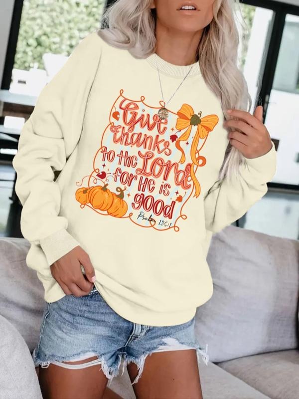 Women's Casual Thanksgiving Pumpkin Print Pullover Sweater, Soft Long Sleeve Round Neck Sweatshirt, Comfortable Daily...