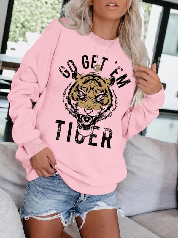 Women's Casual Tiger Print Pullover Sweatshirt, Soft Long Sleeve Round Neck, All Seasons Comfortable Fit T-Shirts, Hoodie