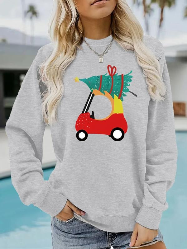 Women's Casual Toy Car & Tree Print Pullover Sweater, Soft Long Sleeve Round Neck Sweatshirt, All-Season Wear T-Shirts,...