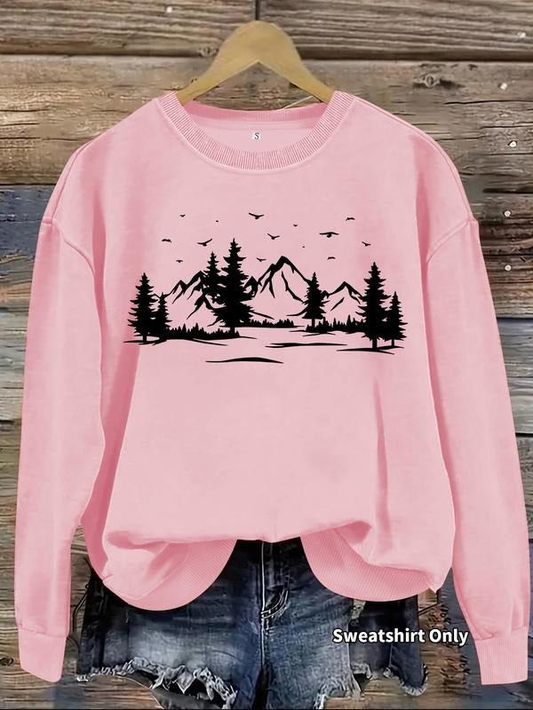 Women's Casual Tree & Mountain Print Pullover Sweater, Soft Long Sleeve Round Neck Sweatshirt, All-Season Wear T-Shirts,...