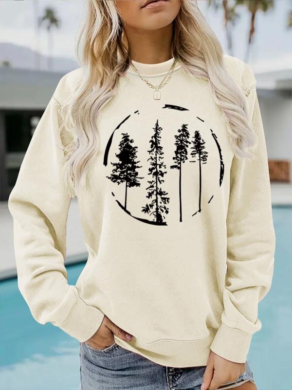 Women's Casual Tree Print Hoodie, Soft Long Sleeve Round Neck Sweatshirt, All-Season Comfort, Durable Fabric T-Shirts