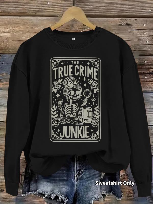 Women's Casual True Junkie Skull Book Flower Print Pullover Sweater, Soft Long Sleeve Round Neck Halloween Sweatshirt...