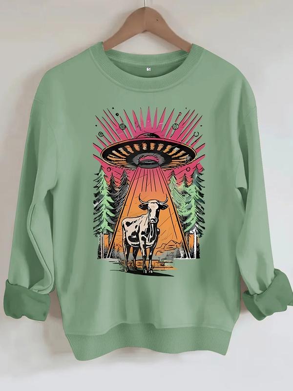 Women's Casual Ufo Cow Pattern Pullover Sweatshirt, Soft Long Sleeve Round Neck, All-Season Comfort, Durable Fabric...