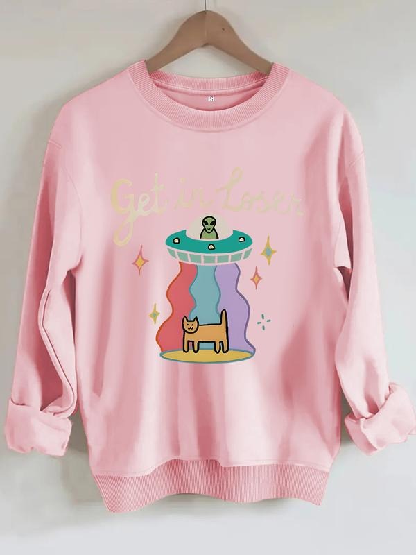 Women's Casual Ufo Print Hoodie, Soft Long Sleeve Round Neck Sweatshirt, All-Season Comfort, Durable Fabric T-Shirts