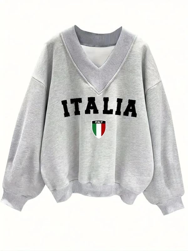 Women's Casual V Neck Sweatshirt, Italian Letter Print, Loose Fit, Fall & Winter Fashion, Stylish Knit Pullover for Women...