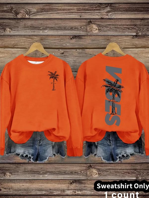 Women's Casual Vibes Palm Tree Print Pullover Sweater, Soft Long Sleeve Round Neck Sweatshirt, All-Season Wear T-Shirts,...