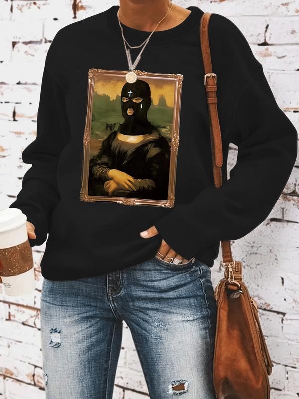 Women's Casual Vintage Portrait Print Pullover Sweater, Soft Long Sleeve Round Neck Sweatshirt, All-Season Wear T-Shirts,...