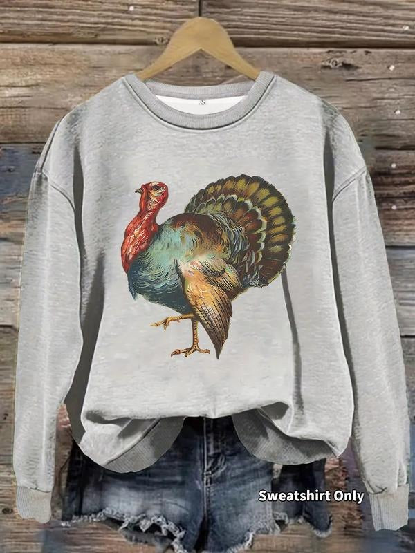 Women's Casual Vintage Thanksgiving Turkey Print Pullover Sweater, Soft Long Sleeve Round Neck Sweatshirt, All Seasons...