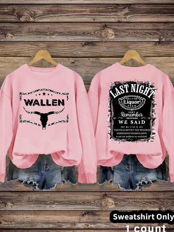 Women's Casual Wallen Last Night Letter Print Sweatshirt, Soft Long Sleeve Round Neck Pullover, All-Season Wear T-Shirts,...