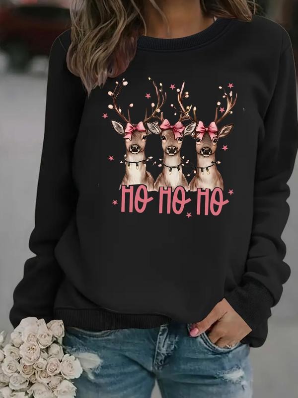 Women's Casual Winter Hohoho Christmas Deer Pattern Pullover, Soft Long Sleeve Round Neck Sweatshirt, All-Season Comfort...