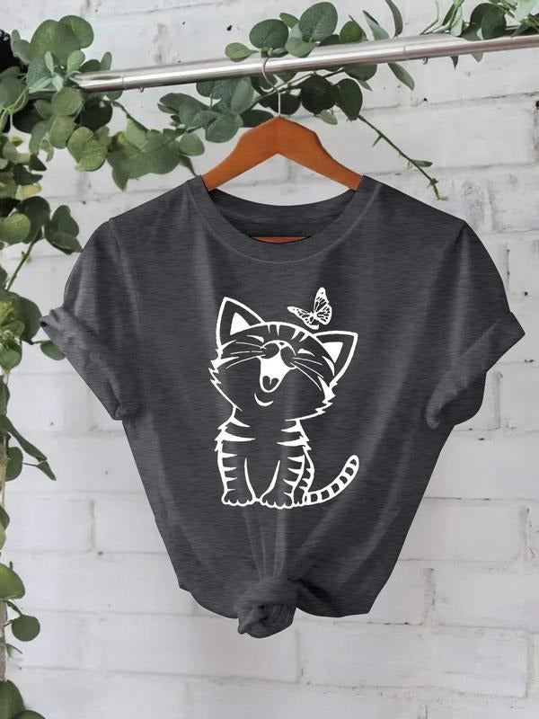 Women's Cat & Butterfly Print Round Neck Tee, Casual Short Sleeve Crew Neck T-Shirt for Summer, Fashion Women's Top for...