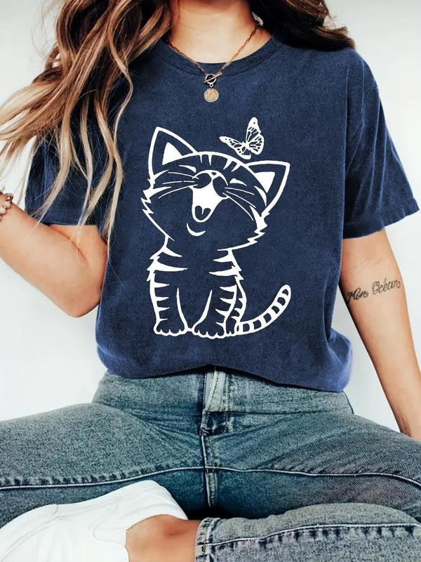 Women's Cat & Butterfly Print Round Neck Tee, Fashion Casual Crew Neck T-Shirt for Daily Holiday Vacation Outdoor Wear,...