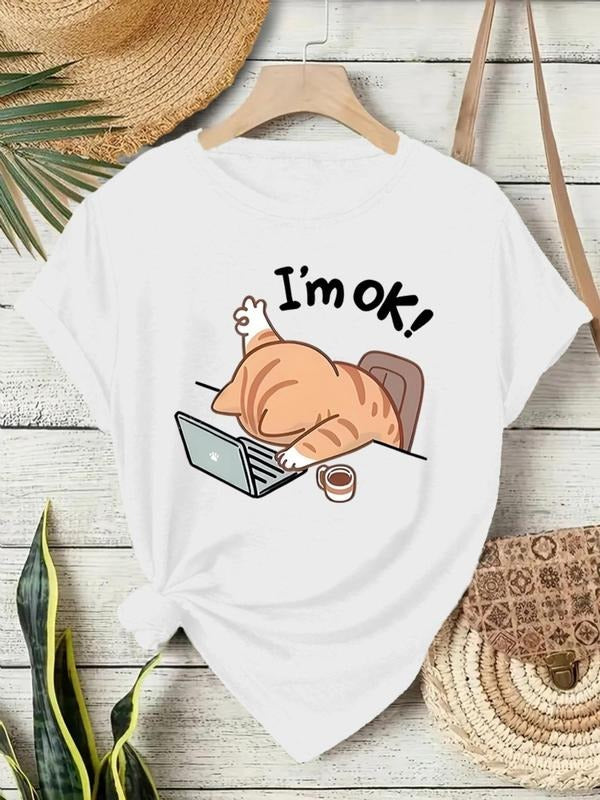 Women's Cat & Laptop Print Round Neck Tee, Fashion Casual Crew Neck T-Shirt for Daily Holiday Vacation Outdoor Wear,...