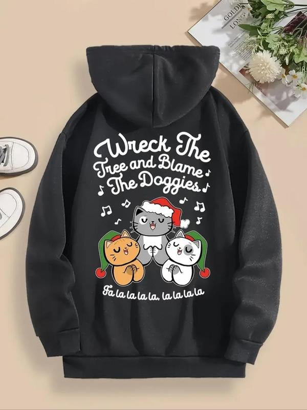 Women's Cat & Letter Print Drawstring Pocket Hoodie, Casual Long Sleeve Hooded Sweatshirt for Daily Holiday Outdoor Wear,...