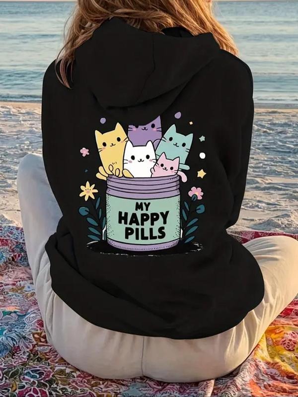Women's Cat & Letter Print Drawstring Pocket Hoodie, Casual Long Sleeve Hooded Sweatshirt for Fall & Winter, Women's...