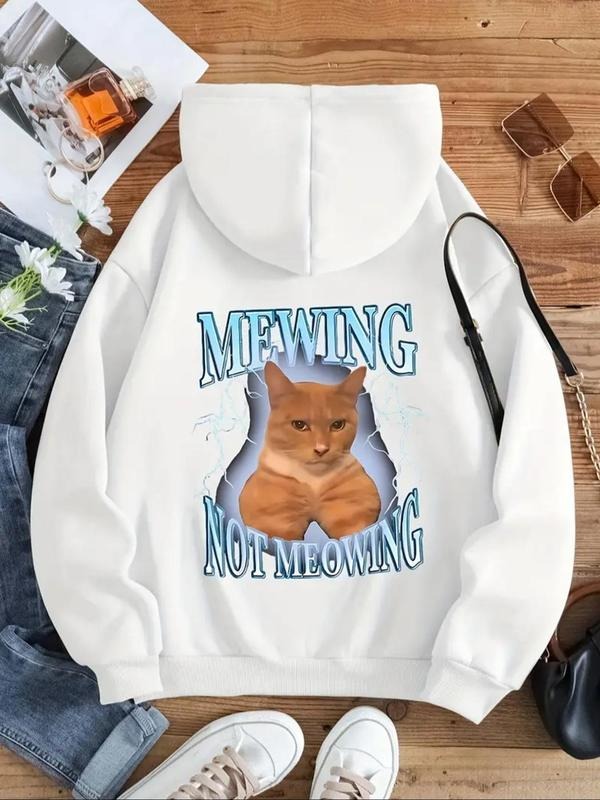 Women's Cat & Letter Print Drawstring Pocket Hoodie, Fashion Casual Hooded Sweatshirt for Daily Holiday Outdoor Wear,...