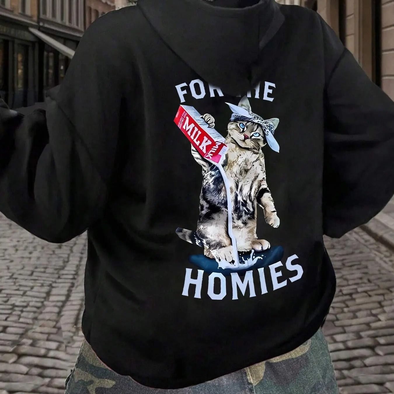 Women's Cat & Letter Print Drop Shoulder Hoodie, Fashion Casual Drawstring Kangaroo Pocket Hooded Sweatshirt for Daily...