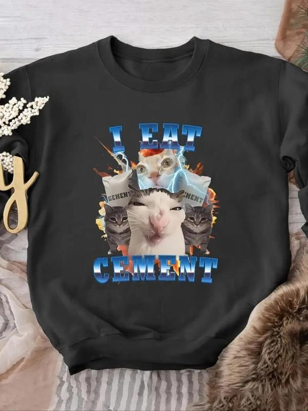Women's Cat & Letter Print Drop Shoulder Pullover, Casual Long Sleeve Crew Neck Sweatshirt for Fall & Winter, Fashion...