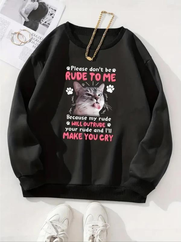 Women's Cat & Letter Print Drop Shoulder Sweatshirt, Casual Long Sleeve Round Neck Pullover for Fall & Winter, Ladies...