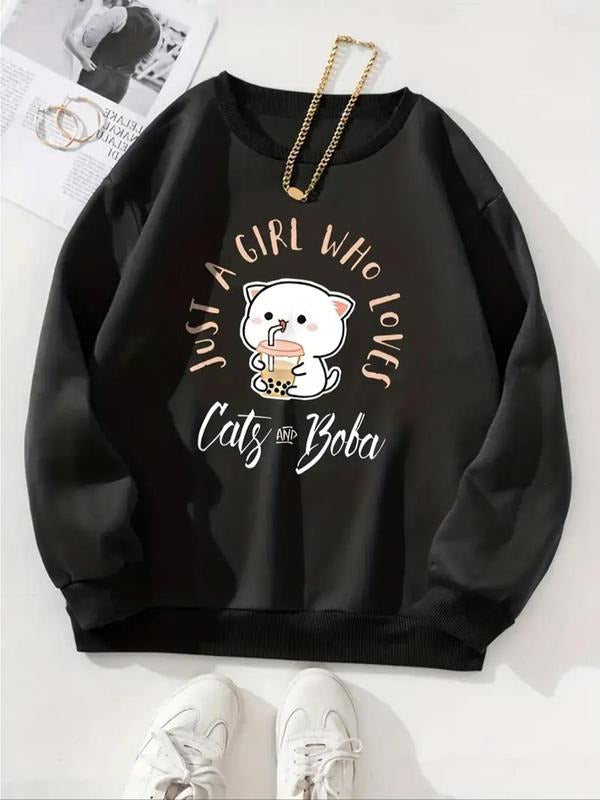Women's Cat & Letter Print Drop Shoulder Sweatshirt, Casual Long Sleeve Round Neck Pullover for Fall & Winter, Ladies...