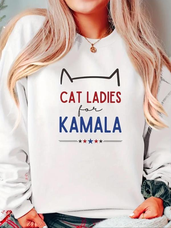 Women's Cat & Letter Print Drop Shoulder Sweatshirt, Casual Long Sleeve Round Neck Pullover for Fall & Winter, Ladies...