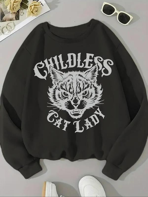Women's Cat & Letter Print Drop Shoulder Sweatshirt, Casual Long Sleeve Round Neck Pullover for Fall & Winter, Ladies...