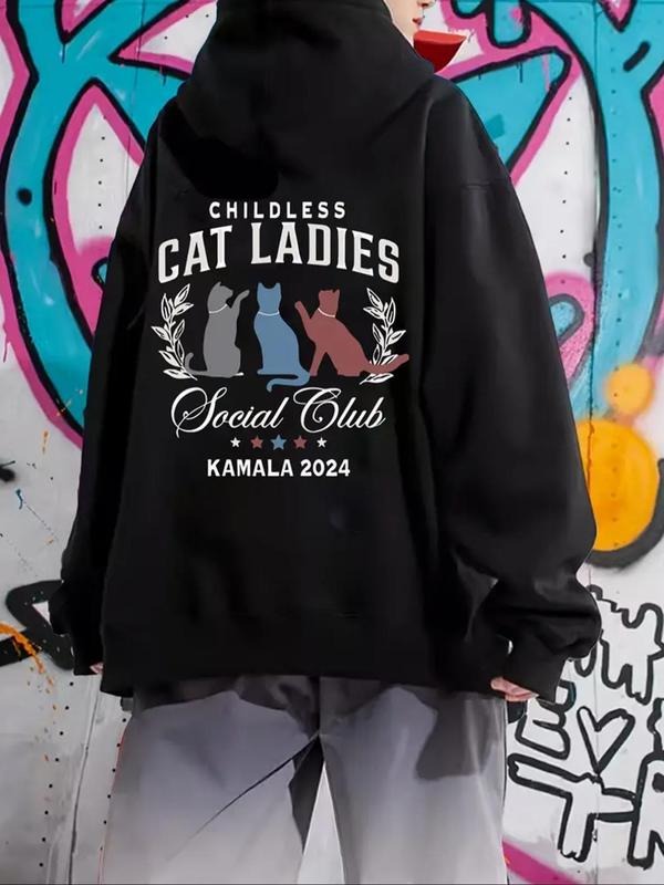 Women's Cat & Letter Print Hoodie, Casual Comfy Drawstring Pocket Hooded Sweatshirt for Daily Wear, Ladies Fall & Winter...