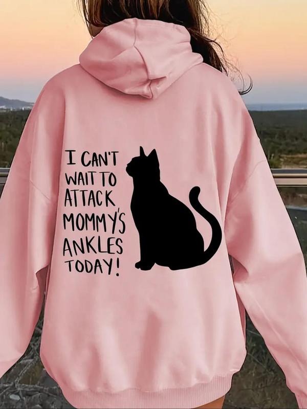 Women's Cat & Letter Print Hoodie, Casual Comfy Pullover Hooded Sweatshirt for Daily Wear, Ladies Clothes for All Seasons...