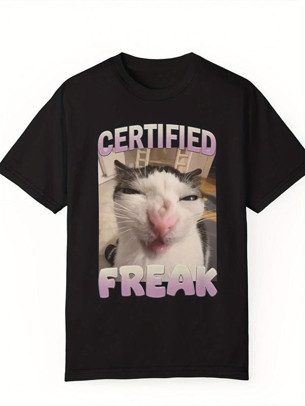 Women's Cat & Letter Print Round Neck Graphic Tee, Trendy Casual Short Sleeve T-shirt for Daily Wear, Ladies All Seasons...