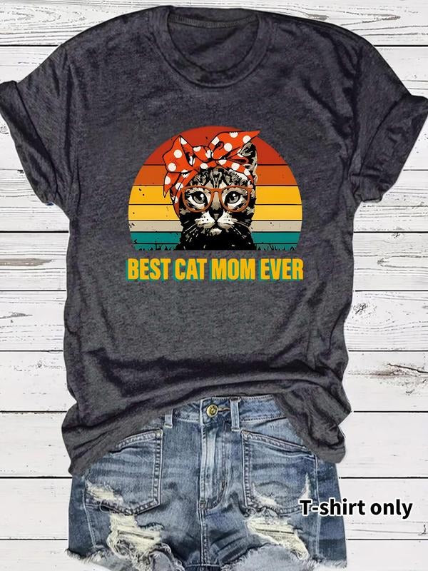 Women's Cat & Letter Print Round Neck Tee, Casual Short Sleeve Crew Neck T-Shirt for Summer, Fashion Women's Top for...
