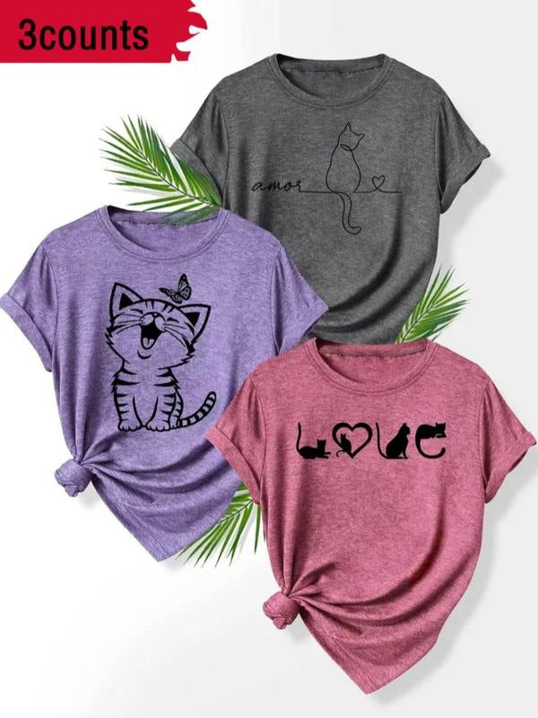 Women's Cat & Letter Print Round Neck Tee, Casual Short Sleeve Crew Neck T-shirt for Summer, Fashion Women's Top for...