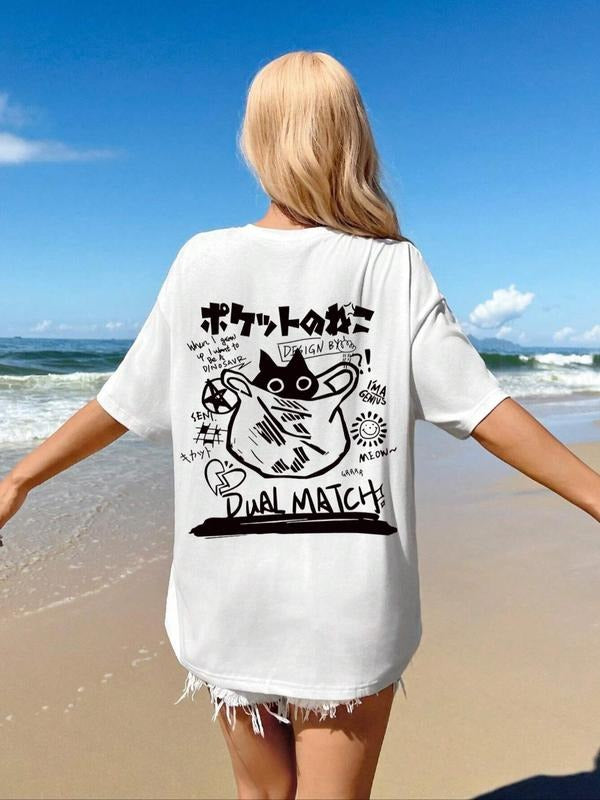 Women's Cat & Letter Print Round Neck Tee, Fashion Casual Crew Neck T-Shirt for Daily Holiday Vacation Outdoor Wear,...