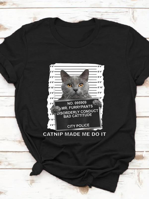 Women's Cat & Letter Print Round Neck Tee, Funny Casual Short Sleeve T-Shirt for Daily Wear, Ladies Summer Outfit Hoodie,...