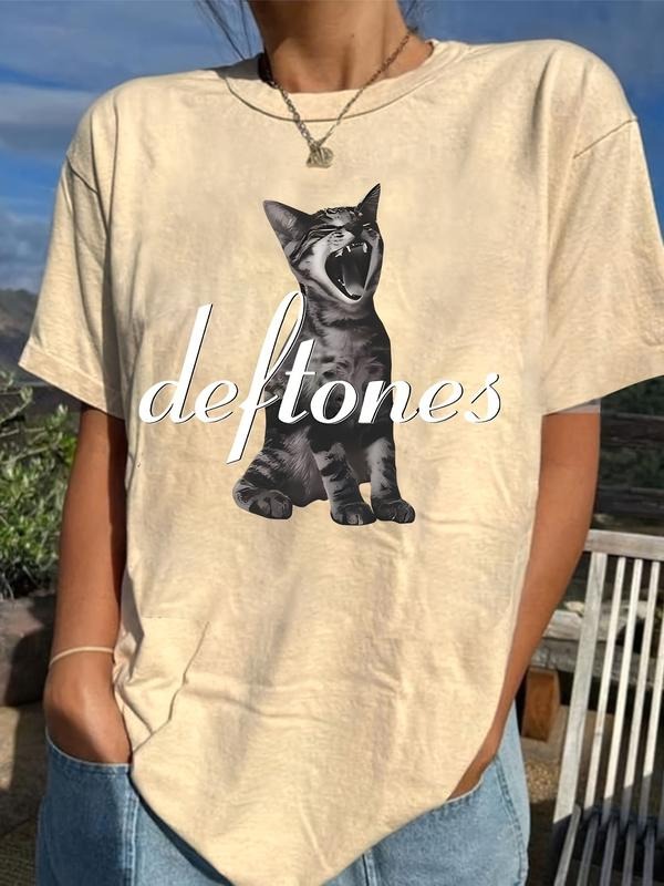 Women's Cat & Letter Print Round Neck Tee, Trendy Casual Crew Neck T-shirt for Daily Wear, Ladies All Seasons Outfit, Top...